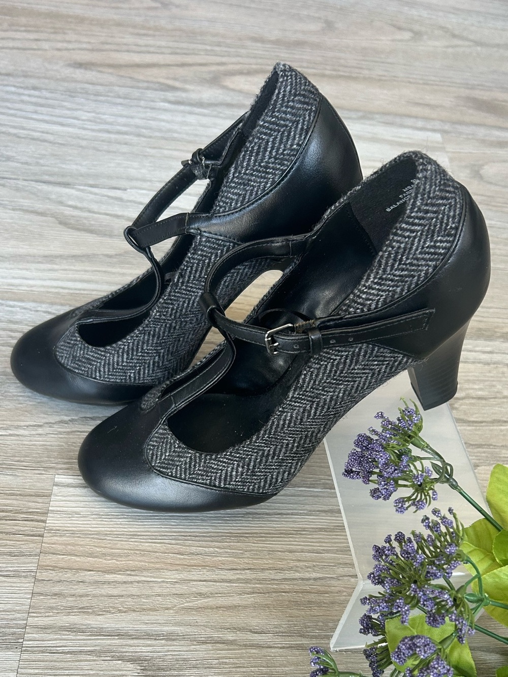 ✨ NEW Madeline Stuart Black & Gray Herringbone T-Strap Heels